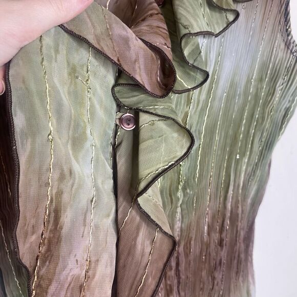 Serenade Y2k Style Green & Brown Crinkle Sheer Ruffle Blouse Top Large - Picture 8 of 11